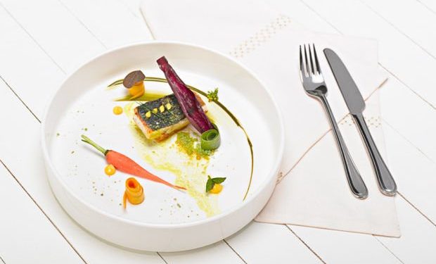 Grilled sturgeon with pandan leaves with turmeric sauce