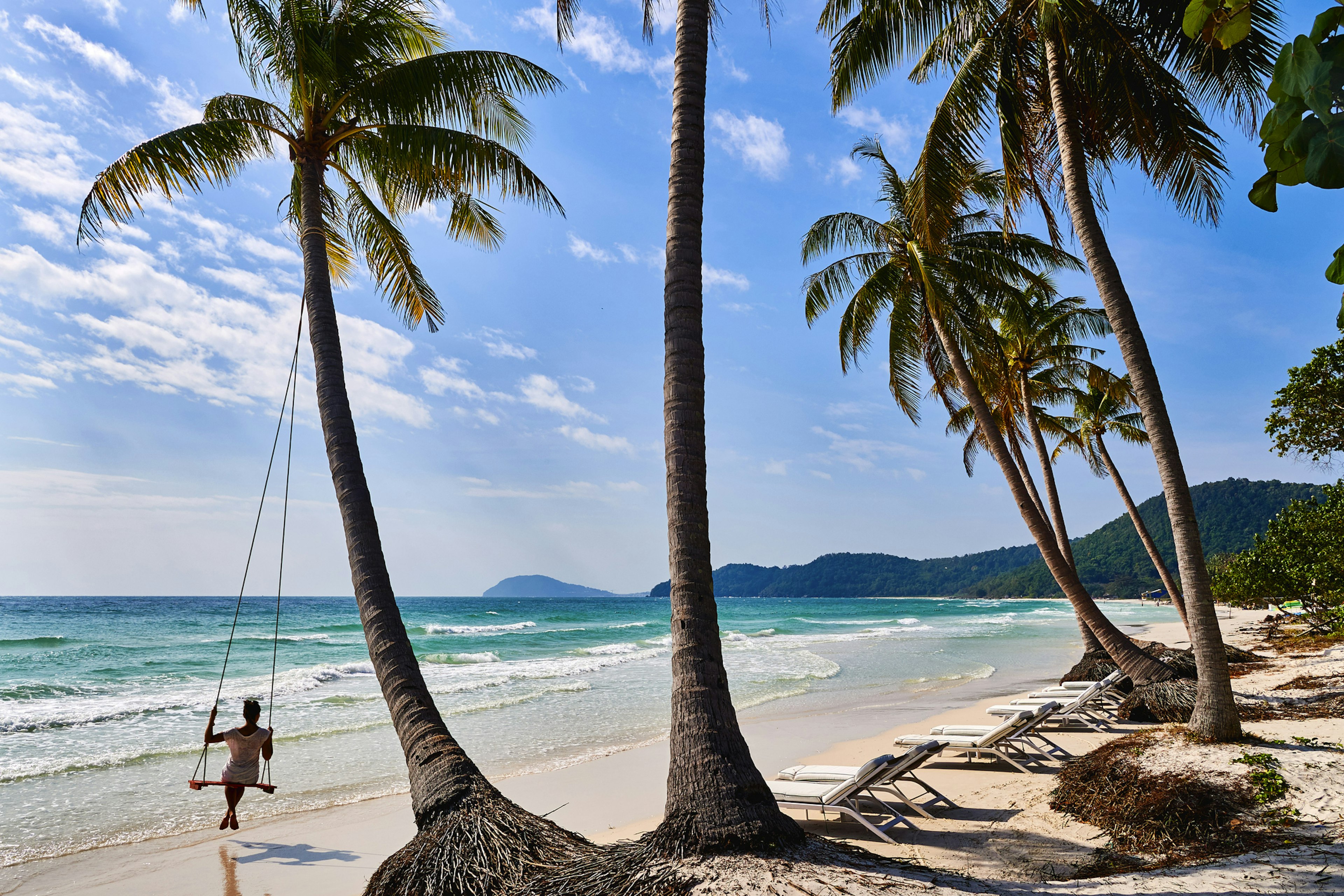 A woman sitting on a swing connected to a palm tree on a beautiful beach